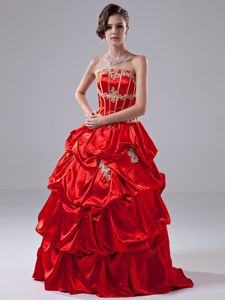 Bright Red Quinceanera Dress Strapless Appliques and Pick-ups