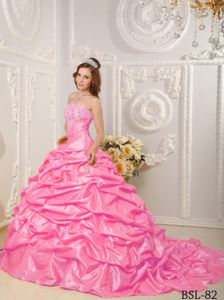 Court Train Quinceanera Dress in Pink with Appliques Pick-ups