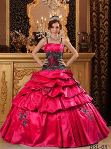 Red and Black Appliques Straps Quinceanera Dress Beaded