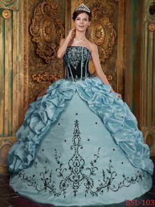 Strapless Black and Blue Quinceanera Gown Embroidery Pick-ups