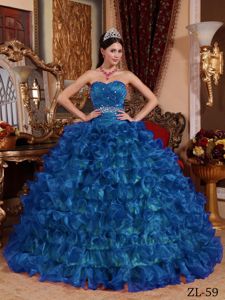 Beading Ruffle Layers Full Skirt Quinceanera Dress Peacock Blue
