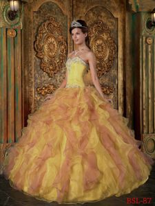 Yellow and Pink Quinceanera Dress Sweetheart Beading Ruffles