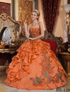 Strapless Embroidery Orange Ball Gown for Girls 15th Birthday