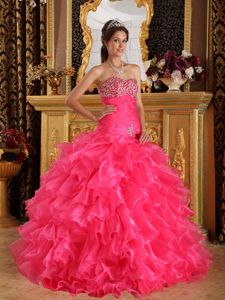 Beaded and Ruched Hot Pink Dresses for A Quinceanera with Ruffles