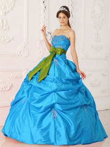 Beaded Blue Sweet 15 Dresses with Olive Green Sash and Pick ups