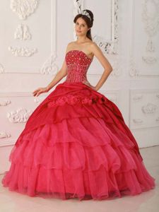 Red Taffeta and Organza Quinceanera Dresses with Beading Ruffles