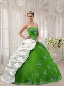 Green and White Quinceanera Gowns Dresses with Embroidery Pick ups