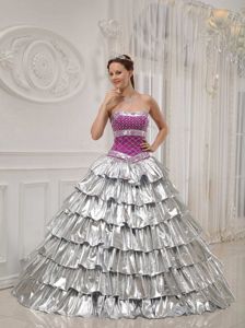 Beaded Fuchsia and Silver Ruffled Layers Quinceanera Gown Dress