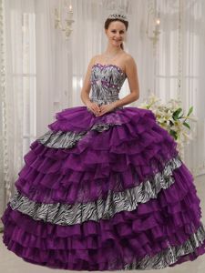 Zebra Print Purple Organza Dresses Quinceanera with Ruffled Layers