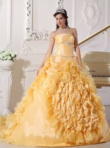Beaded and Ruffled Strapless Gold Quinceanera Dresses Gown 2013