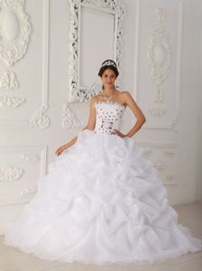 White Organza Strapless Dress for Quinceanera with Red Flowers