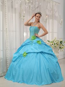 Baby Blue Taffeta Strapless Dresses for 15 with Beading Flowers