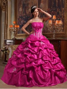 Ruched Fuchsia Dresses for A Quince with Flower and Pick ups