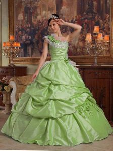 Flowery One Shoulder Dresses for A Quinceanera in Yellow Green
