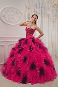 Greta Garbo Fuchsia and Black Dresses for A Quinceanera with Ruffles Beading
