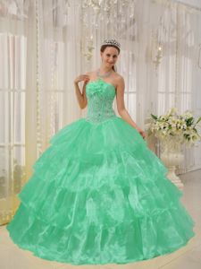 Beaded Apple Green Organza Dresses for A Quinceanera with Flowers
