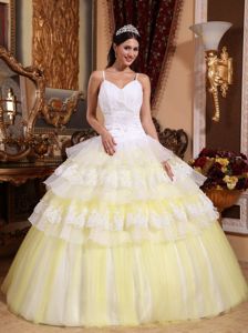 Appliqued Yellow and White Sweet 16 Dresses with Spaghetti Straps