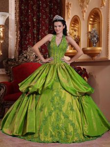 Olive Green Halter Quinceanera Gown Dresses with Pick ups Appliques