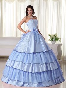 Flowers Ruffled Layers Accent Quinceanera Gown Dress in Light Blue