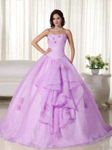 Embroidered Strapless Organza Quinceanera Gown with Ruffles