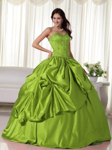 Olive Green Taffeta Quinceanera Gown with Appliques and Pick ups