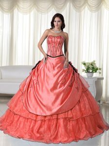 Flowery Frilly Taffeta and Organza Watermelon Quinceanera Gown