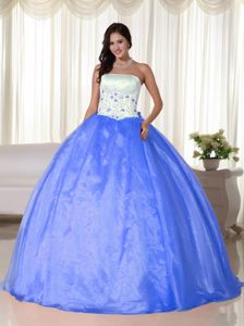 White and Blue Strapless Quinces Dresses with Beautiful Embroidery