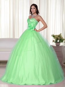 Beading and Ruches Accent Spring Green Flowery Quinces Dresses