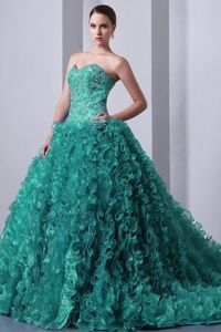 Fast Shipping Brush Train Turquoise Appliqued Sweet 16 Dresses