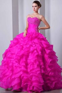 Winter 2014 Paris Fashion Week Fabulous Ruffled Hot Pink Dress for Quince with Rhinestones