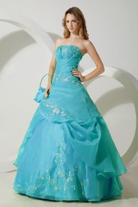 Perfect Organza Turquoise Sweet Sixteen Dress with Embroidery
