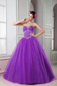 Cheap Ball Gown Sweetheart Beaded Purple Sweet 16 Dresses