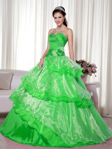 Sweetheart Beaded Ruffled Spring Green Quinceanera Dress