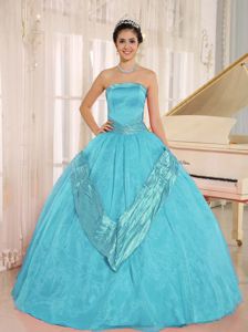 Elegant Ball Gown Strapless Aqua Blue Beaded Sweet 16 Dresses
