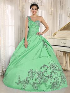 Pale Green One Shoulder Appliqued Ball Gown Quinceanera Dress