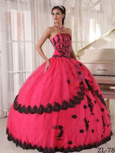 Cheap Deep Pink Ball Gown Sweet 15 Dress with Black Appliques