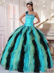Multi-colored One Shoulder Beaded Dress for Quince with Ruffles