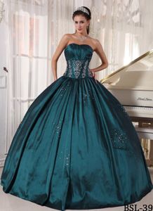 Teal Ruched Beaded Ball Gown Quinceanera Party Dress On Sale