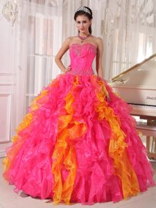 Organza Hot Pink and Orange Dress for Quinceanera with Sequin