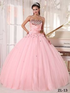 Ruched Beaded Pink Ball Gown Sweet 16 Dresses with Flower