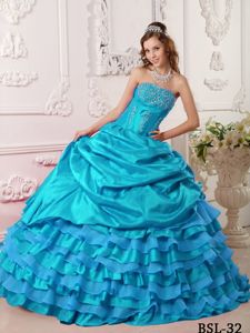 Strapless Aqua Blue Ruffled Beaded Quinceanera Dress Ball Gown
