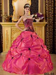 Coral Red Taffeta Quince Dress with Embroidery and Appliques