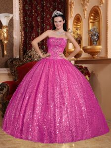 Hot Pink Sweetheart Quinceanera Dress by Sequined Fabric with Beads