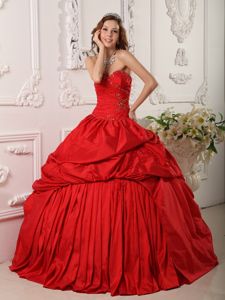 Red Quinceanera Dress with Sweetheart Neckline and Beading by Taffeta