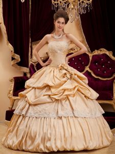 Champagne Taffeta Quinceanera Dress with Appliques and Pick-ups