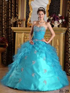 Aqua Blue Quinceanera Dress with Sweetheart and Ruffled Overlay