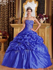 Blue Taffeta Quinceanera Gown Dress with Pick-ups and Appliques