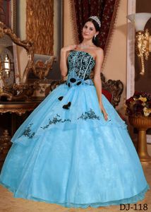 Blue and Black Quinceanera Dress with Embroidery and Rolling Flowers