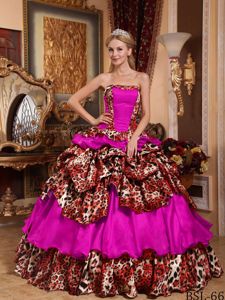 Fuchsia Strapless Sweet 16 Dresses with Layers by Leopard Print Fabric