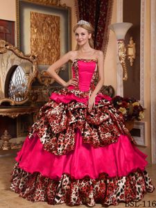 Dress For Quince by Coral Red and Leopard Print Fabric with Strapless Neck